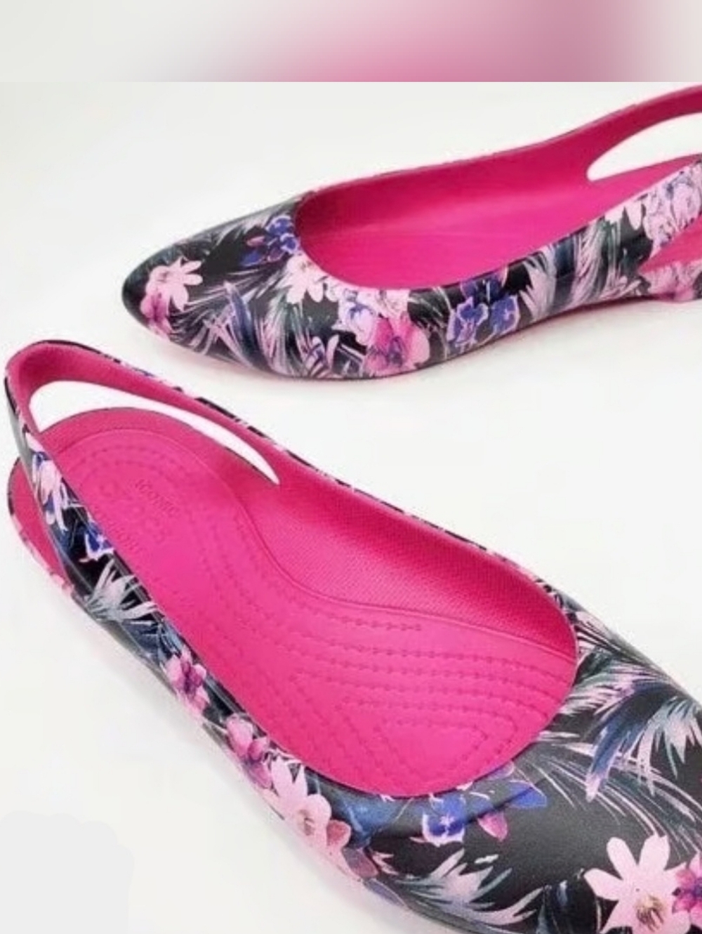 CROCS - Black & Pink Floral Pointed Slingback Flats